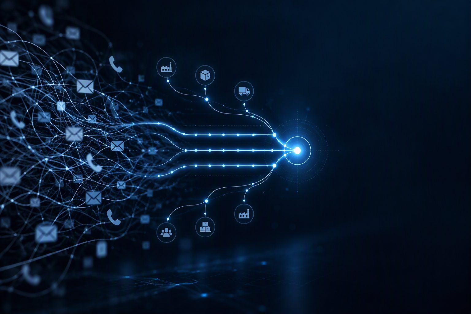 Abstract illustration of tangled lines resolving into three clean glowing channels that converge on a single bright node, representing automated supplier onboarding on a dark navy background.